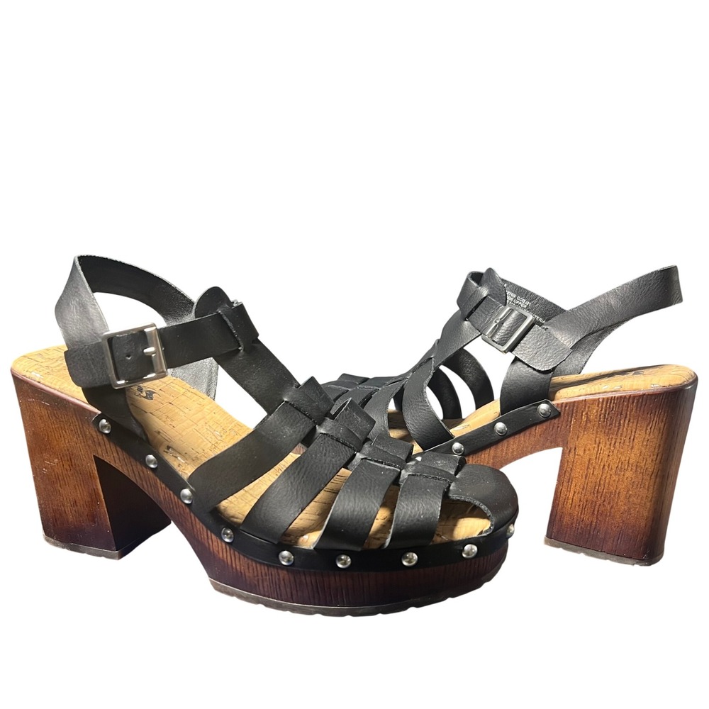 Korks Black Strappy Gladiator Platform Sandals Wood Block Heel Studded 8M Boho